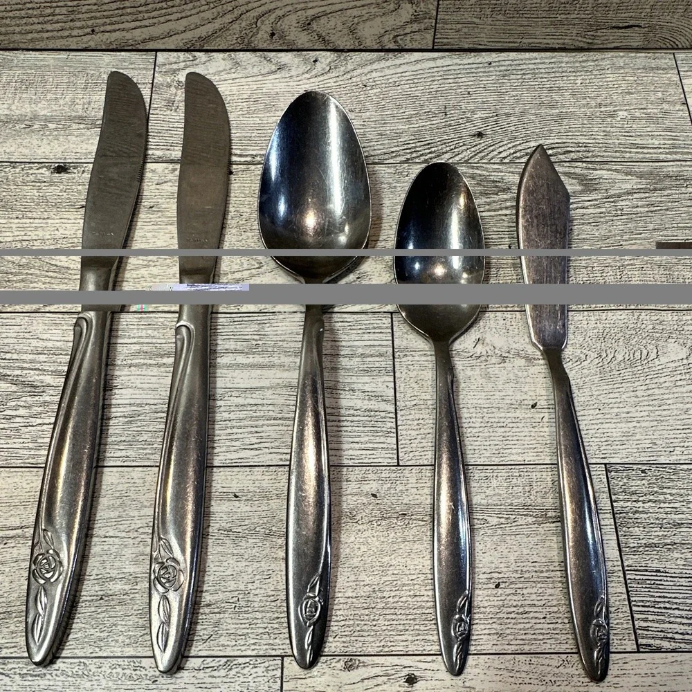 Stainless Steel Satin Flatware Set Floral Rose Handle 5pc Taiwan Vintage
